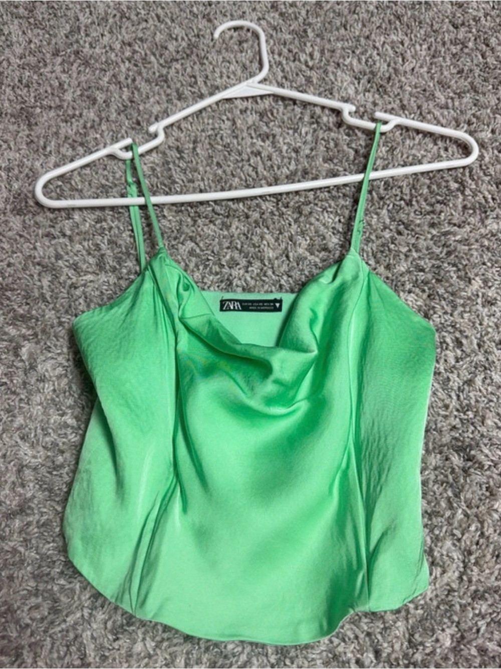 ZARA Bright Green Satin Cowl-Front Spaghetti Strap Camisole